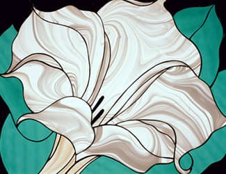 Close-up of a white marbled stained-glass lily flower against teal-green leaves, elegant and graphic.